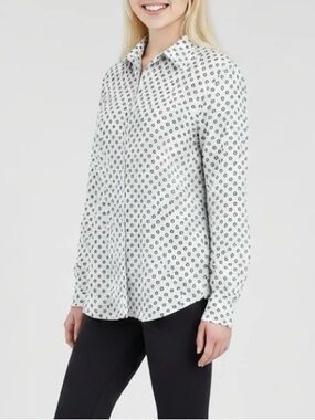 Foxcroft White Printed Button-Up Shirt - Geometric Dot Print